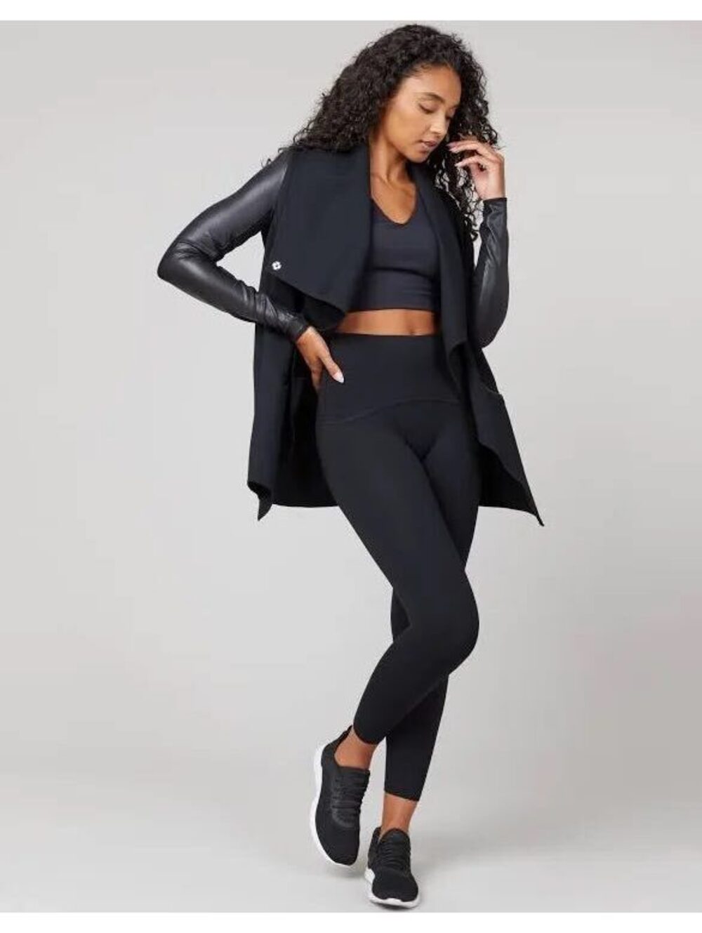 SPANX Women's Black Ponte Vegan Leather Sleeve Drape Front Jacket M